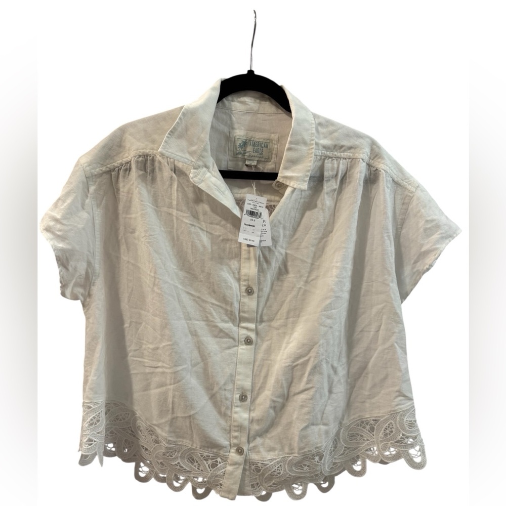 American Eagle Outfitters Cream/white Short-Sleeve Button-Down Cotton blend